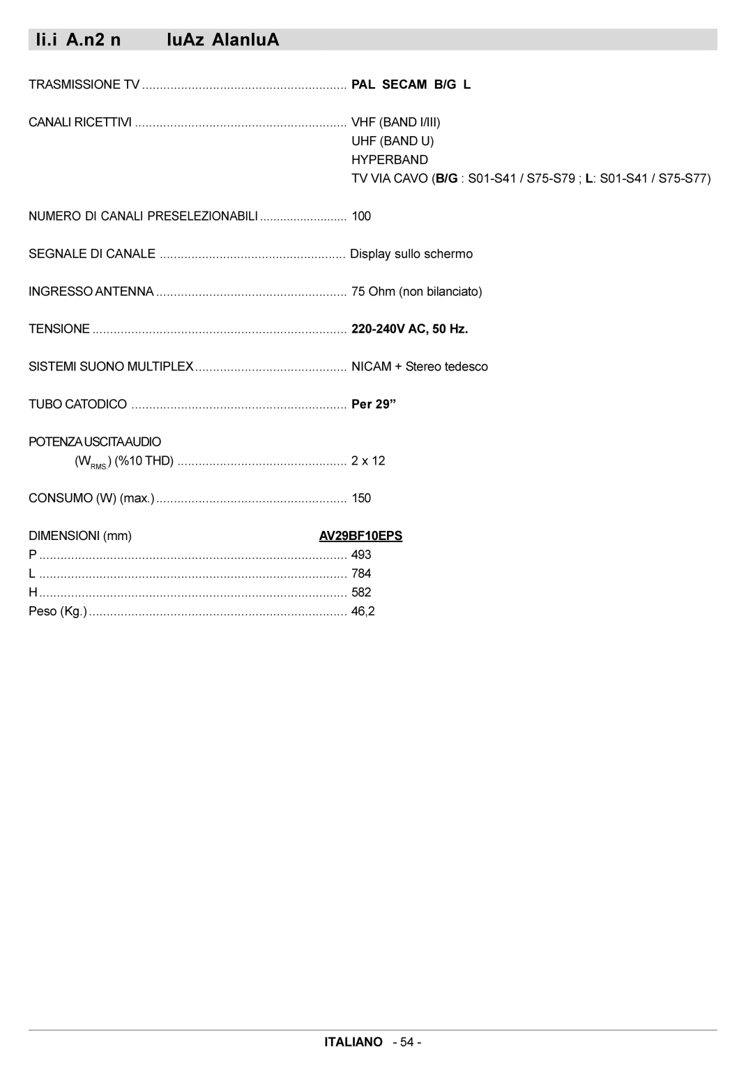 JVC AV29BF10EPS manual Caratteristiche Tecniche, Potenzauscitaaudio 