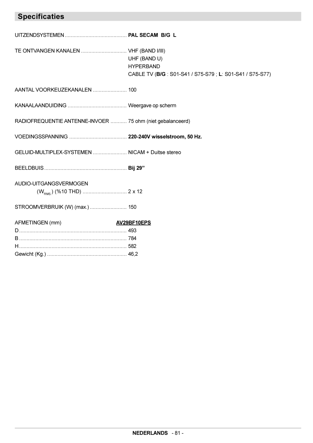 JVC AV29BF10EPS manual Specificaties, Audio-Uitgangsvermogen 