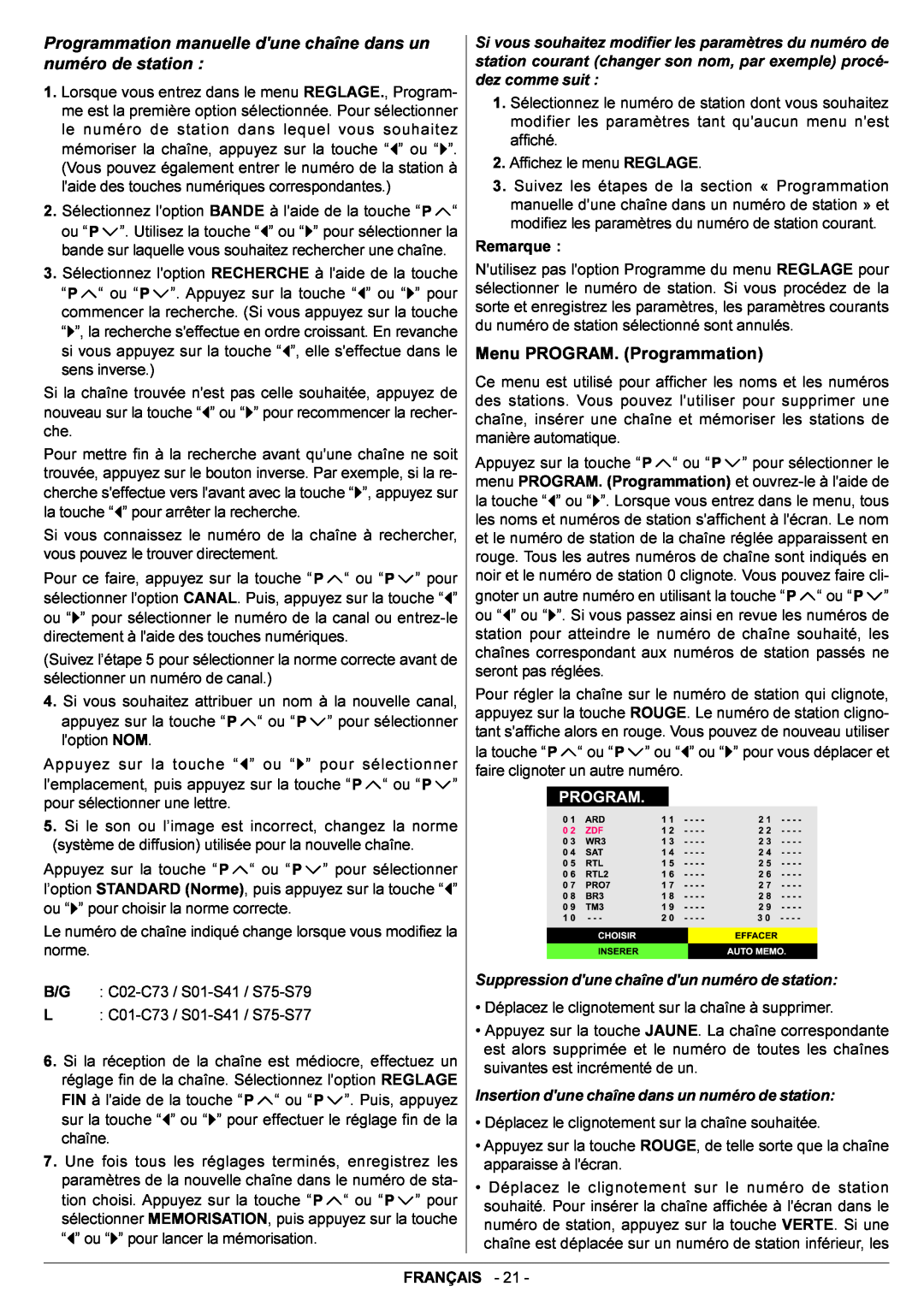 JVC AV29BF10EPS manual Programmation manuelle dune chaîne dans un numéro de station, Menu PROGRAM. Programmation 