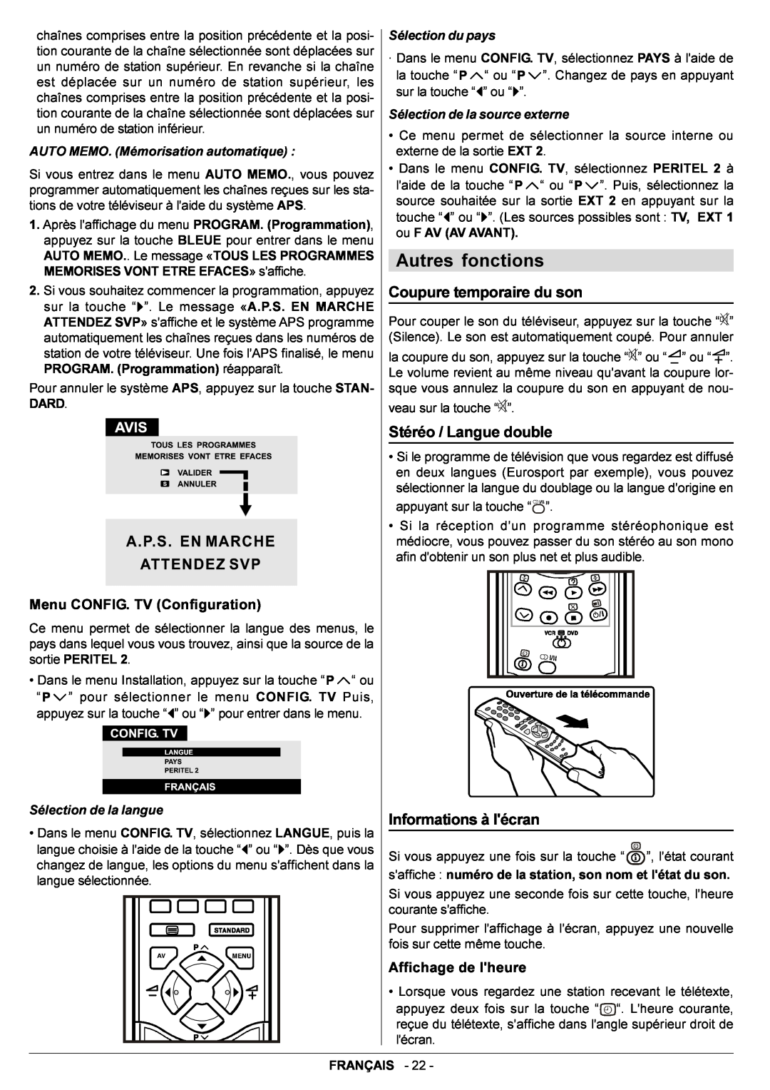 JVC AV29BF10EPS Autres fonctions, Coupure temporaire du son, Stéréo / Langue double, Affichage de lheure, lécran, Français 