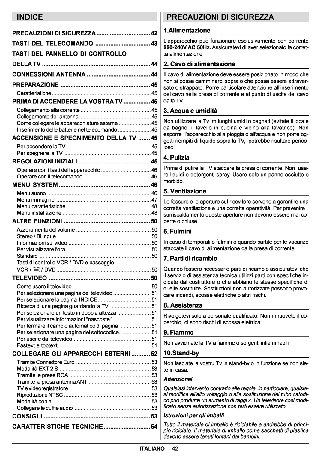 JVC AV29BF10EPS manual Indice, Precauzioni Di Sicurezza 
