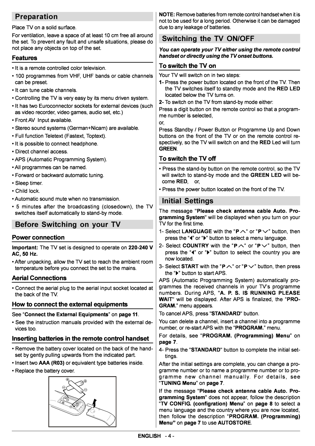 JVC AV29BF10EPS manual Preparation, Before Switching on your TV, Switching the TV ON/OFF, Initial Settings, Features 