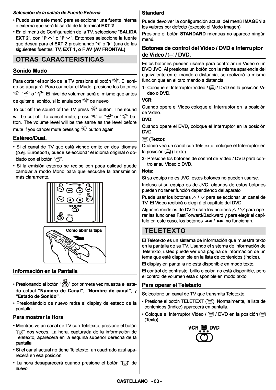 JVC AV29BF10EPS manual Otras Caracteristicas, Teletexto, Sonido Mudo, Estéreo/Dual, Información en la Pantalla 