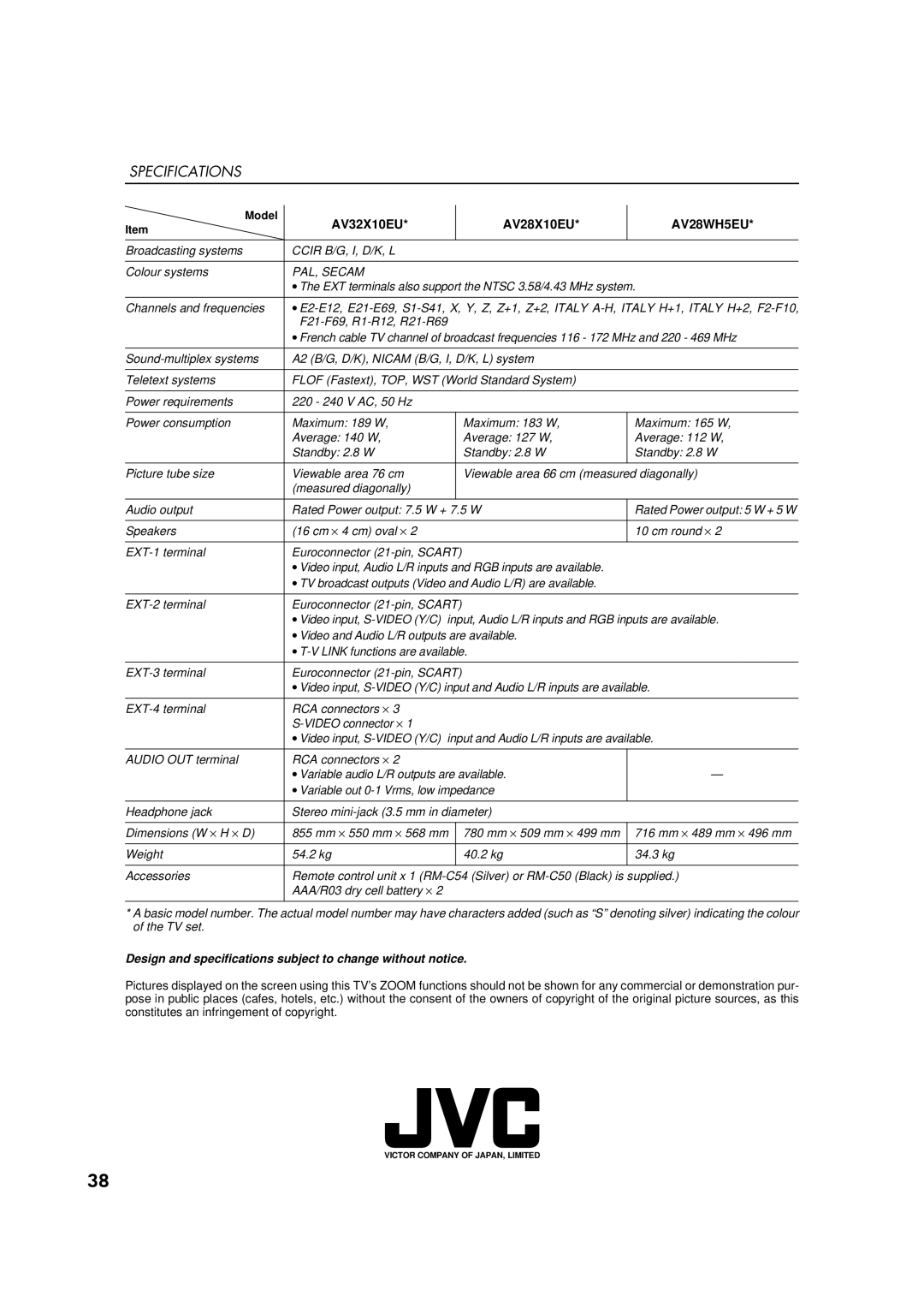 JVC AV32L2EU, AV28L2EU, AV32X10EU, AV28X10EU, AV28WH5EU manual Specifications 