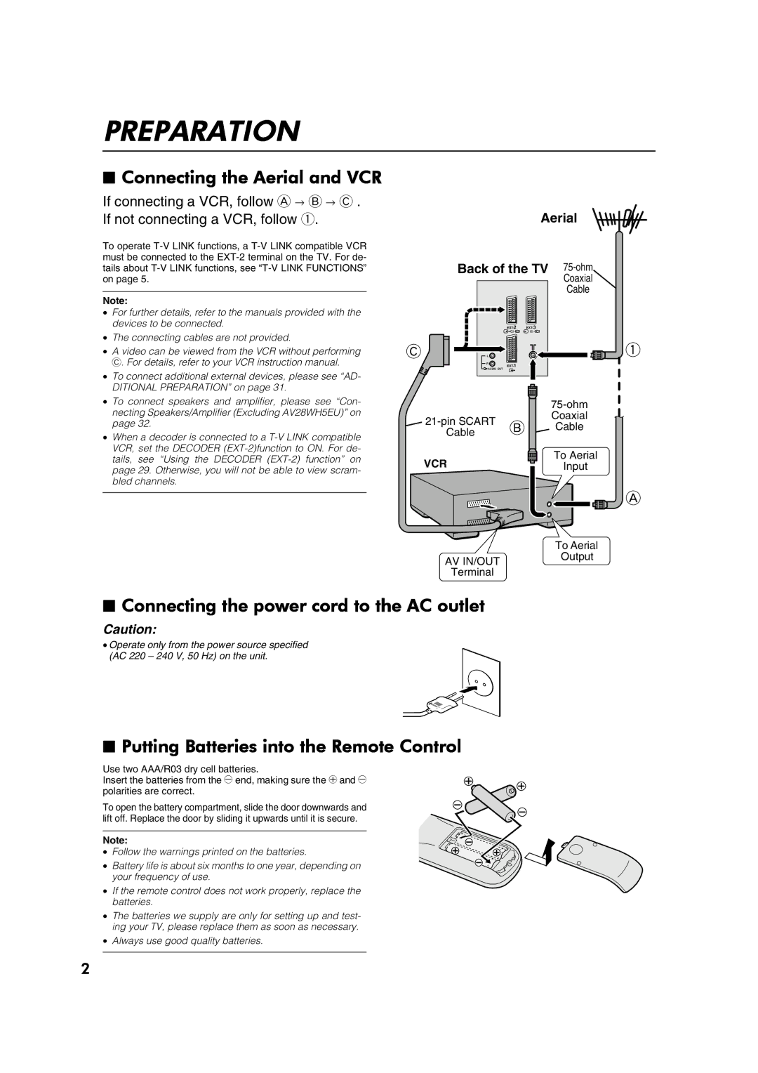 JVC AV32L2EU, AV28L2EU, AV32X10EU, AV28X10EU, AV32H10EU, AV28H10EU manual Preparation, Connecting the Aerial and VCR 