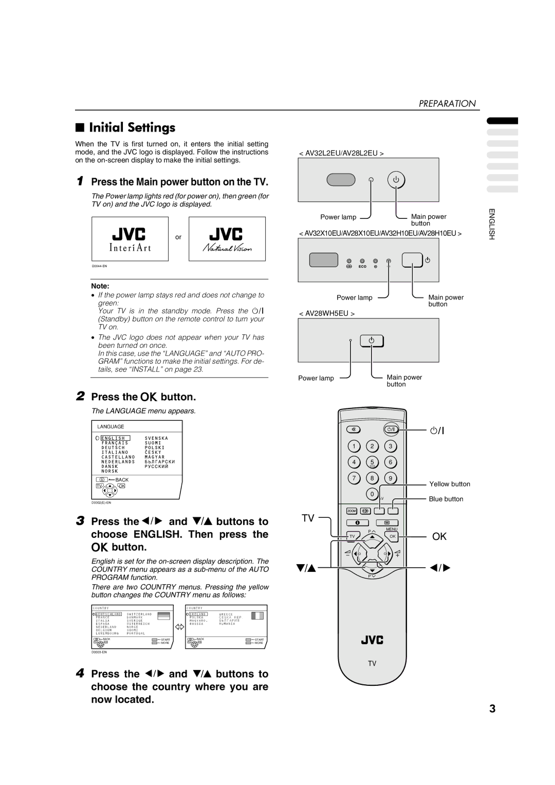 JVC AV32L2EU, AV28L2EU, AV32X10EU, AV28X10EU, AV32H10EU, AV28H10EU Initial Settings, Press the Main power button on the TV 