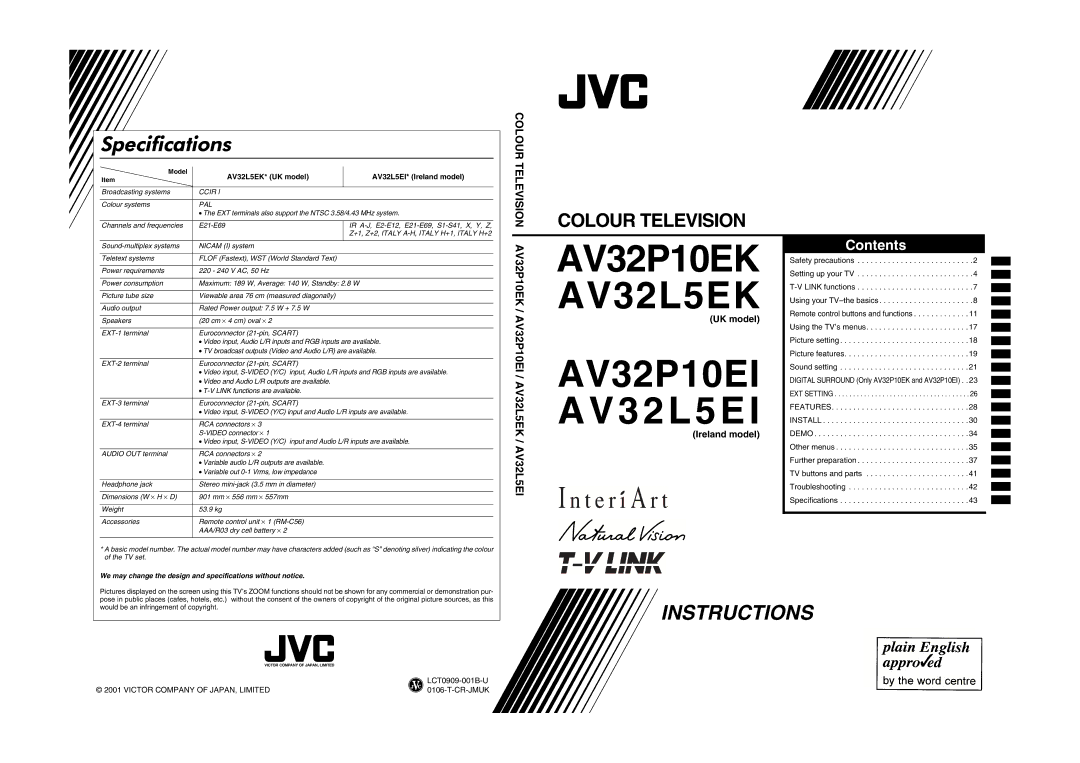 JVC AV32P10EK, AV32L5EK, AV32P10EI, AV32L5EI specifications Specifications, AV32L5EK* UK model AV32L5EI* Ireland model 