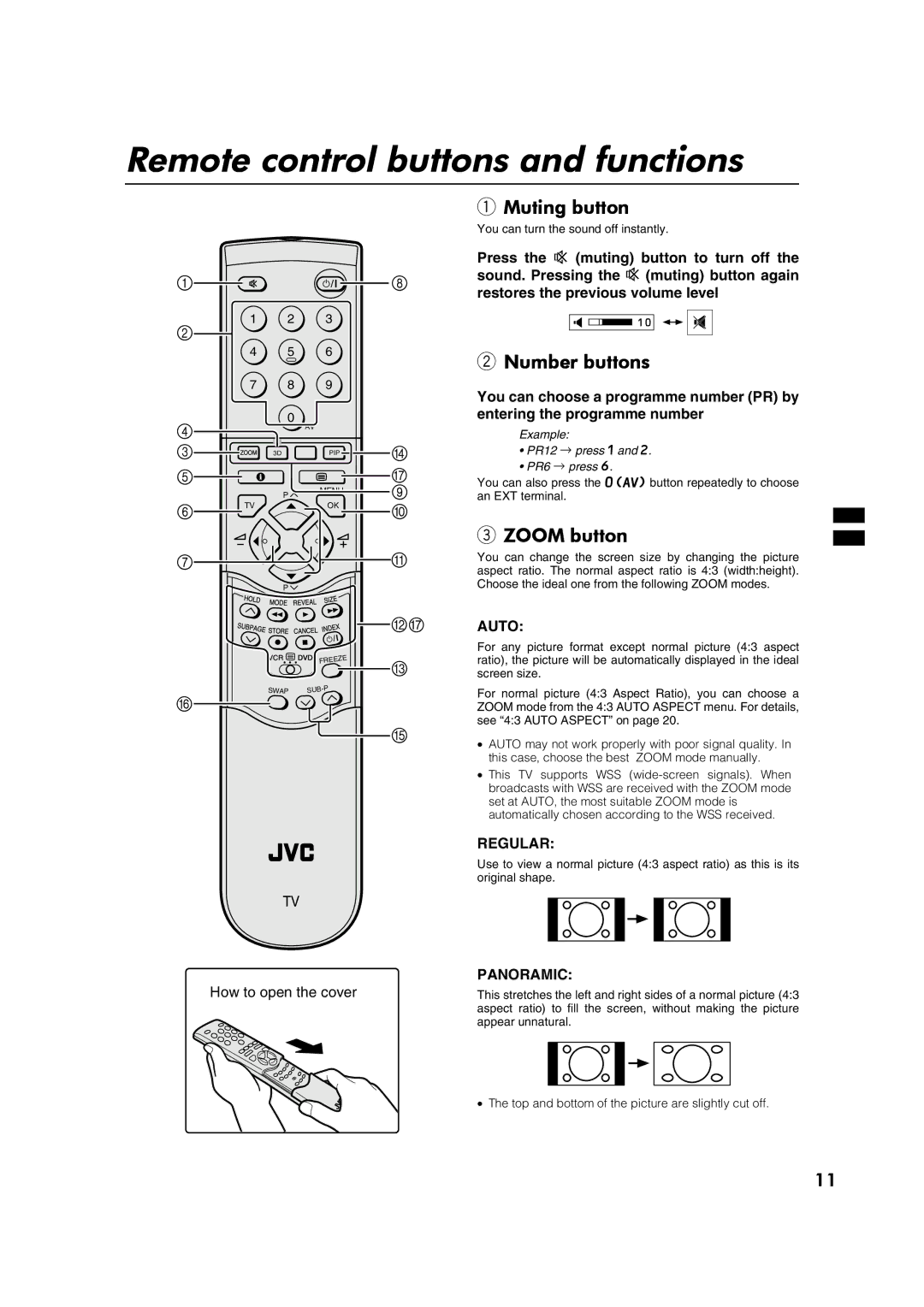 JVC AV32P10EK, AV32L5EK, AV32P10EI, AV32L5EI Remote control buttons and functions, Muting button, Number buttons 