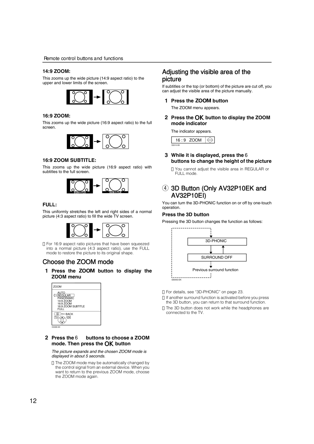 JVC AV32P10EK, AV32L5EK, AV32P10EI, AV32L5EI Adjusting the visible area of the picture, Choose the Zoom mode, Full 