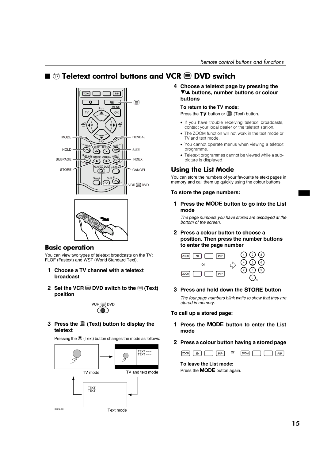 JVC AV32P10EK, AV32L5EK, AV32P10EI, AV32L5EI $ Teletext control buttons and VCR P DVD switch, Basic operation 