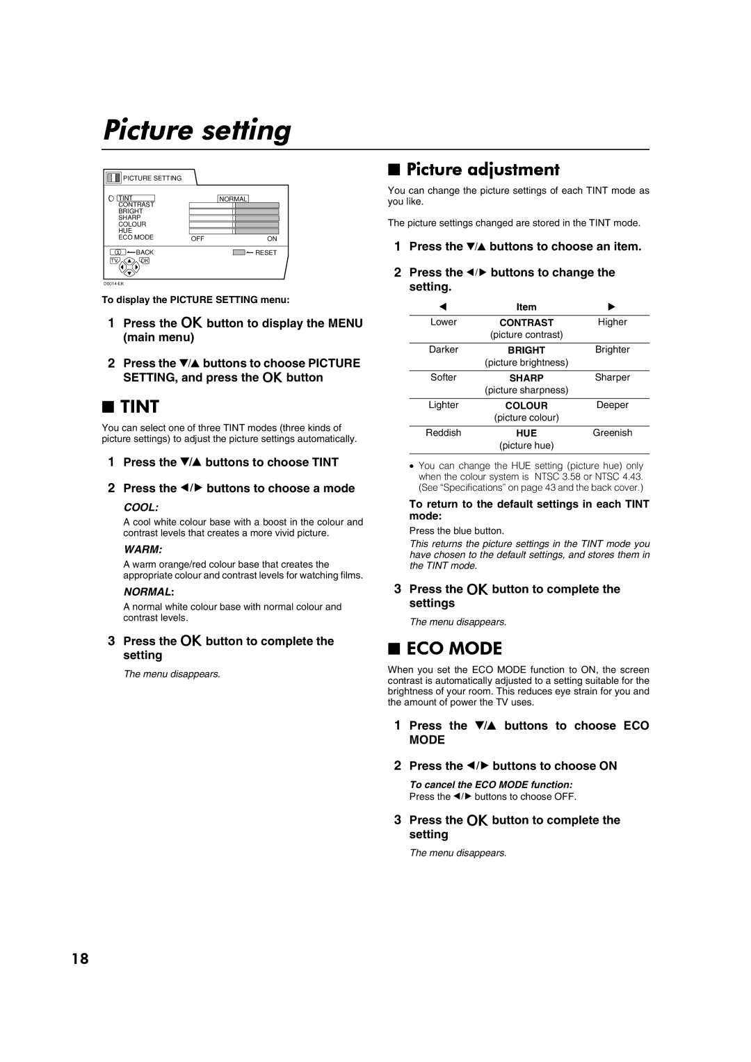 JVC AV32P10EK, AV32L5EK, AV32P10EI, AV32L5EI specifications Picture setting, Tint, Picture adjustment, ECO Mode 