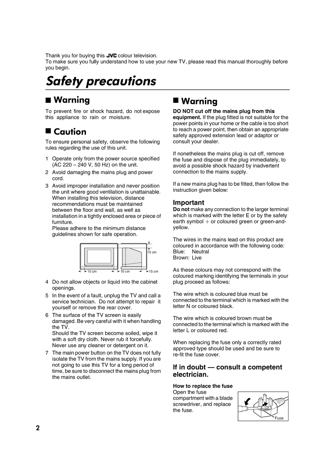 JVC AV32P10EK, AV32L5EK, AV32P10EI, AV32L5EI specifications Safety precautions, If in doubt consult a competent electrician 