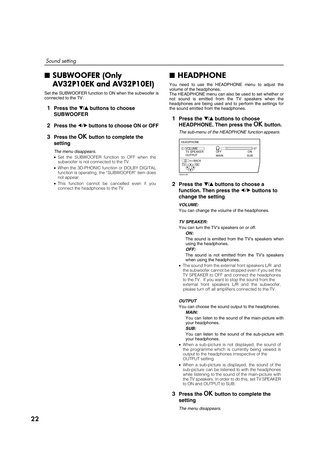 JVC AV32P10EK, AV32L5EK, AV32P10EI, AV32L5EI specifications Subwoofer Only AV32P10EK and AV32P10EI, Headphone 