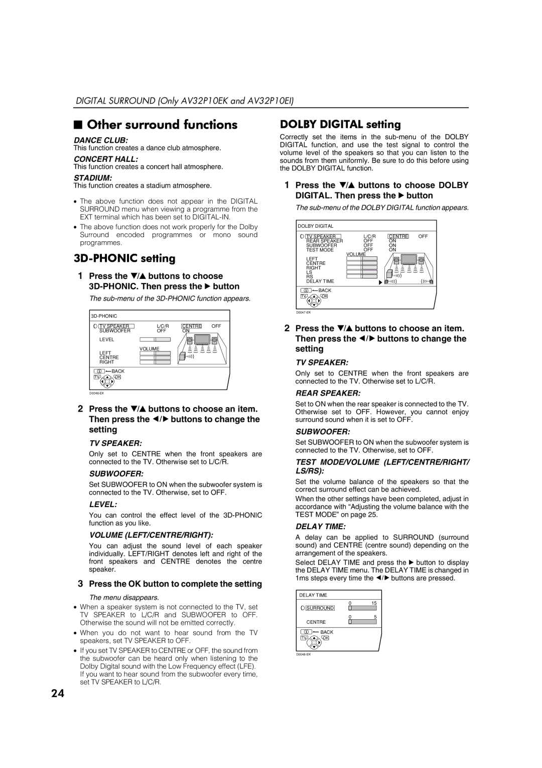 JVC AV32P10EK, AV32L5EK, AV32P10EI, AV32L5EI Other surround functions, 3D-PHONIC setting, Dolby Digital setting 