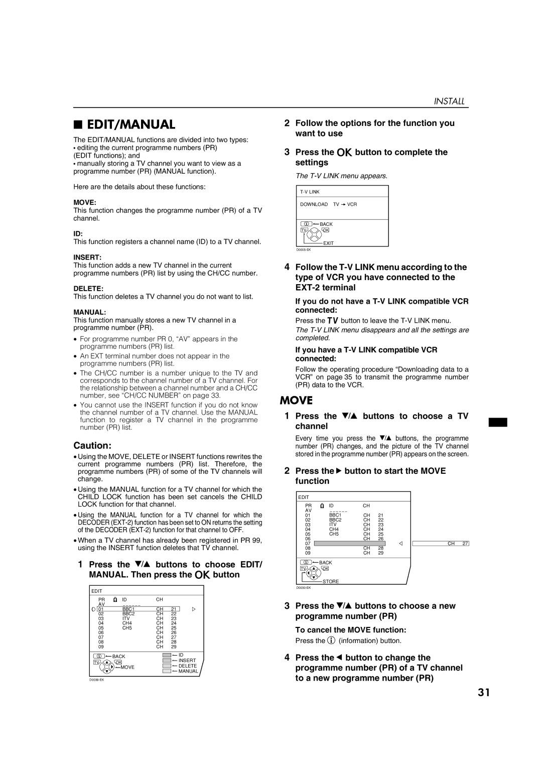 JVC AV32P10EK, AV32L5EK, AV32P10EI, AV32L5EI specifications Edit/Manual, Press the 3 button to start the Move function 