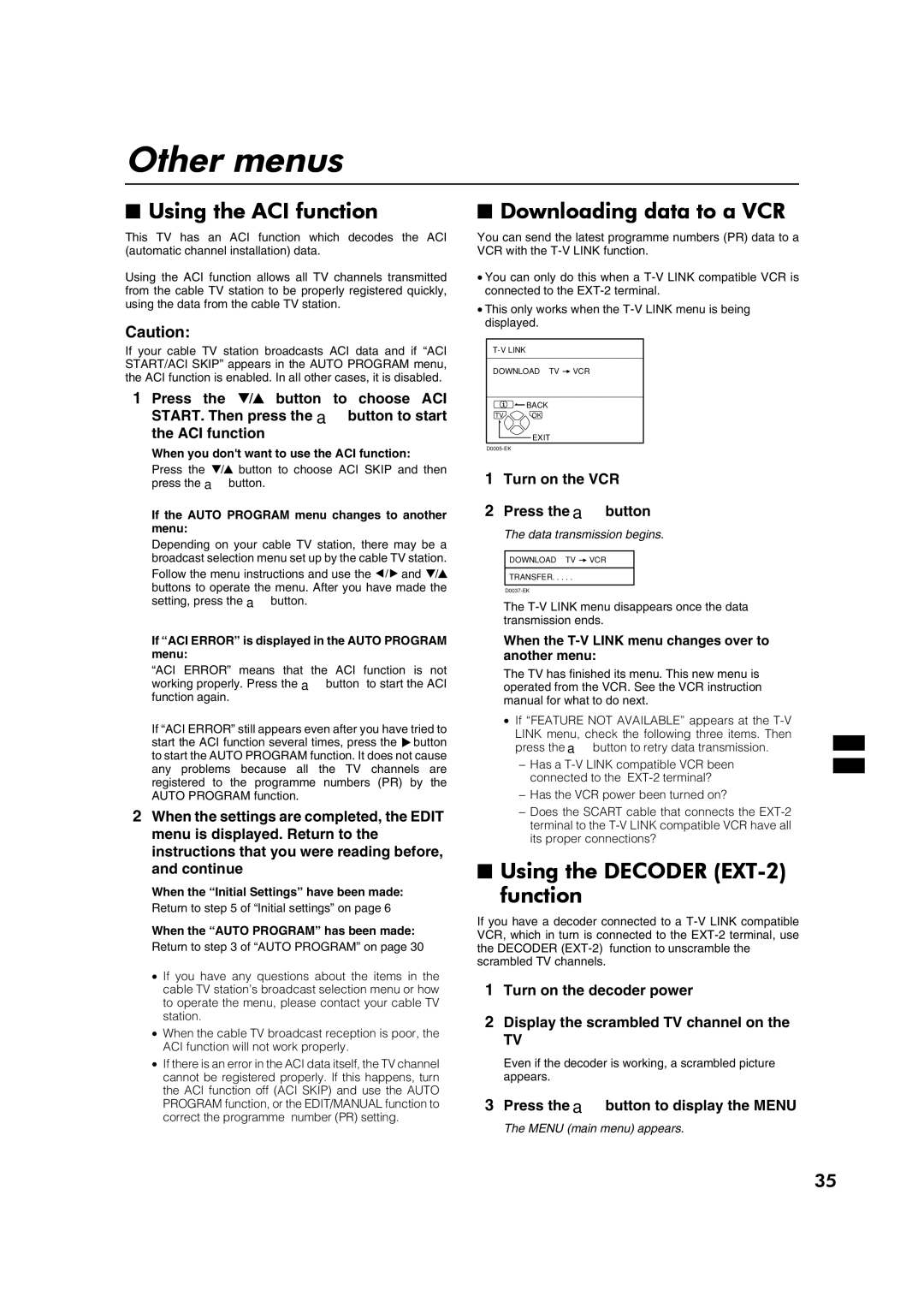 JVC AV32P10EK, AV32L5EK, AV32P10EI, AV32L5EI specifications Other menus, Using the ACI function, Downloading data to a VCR 