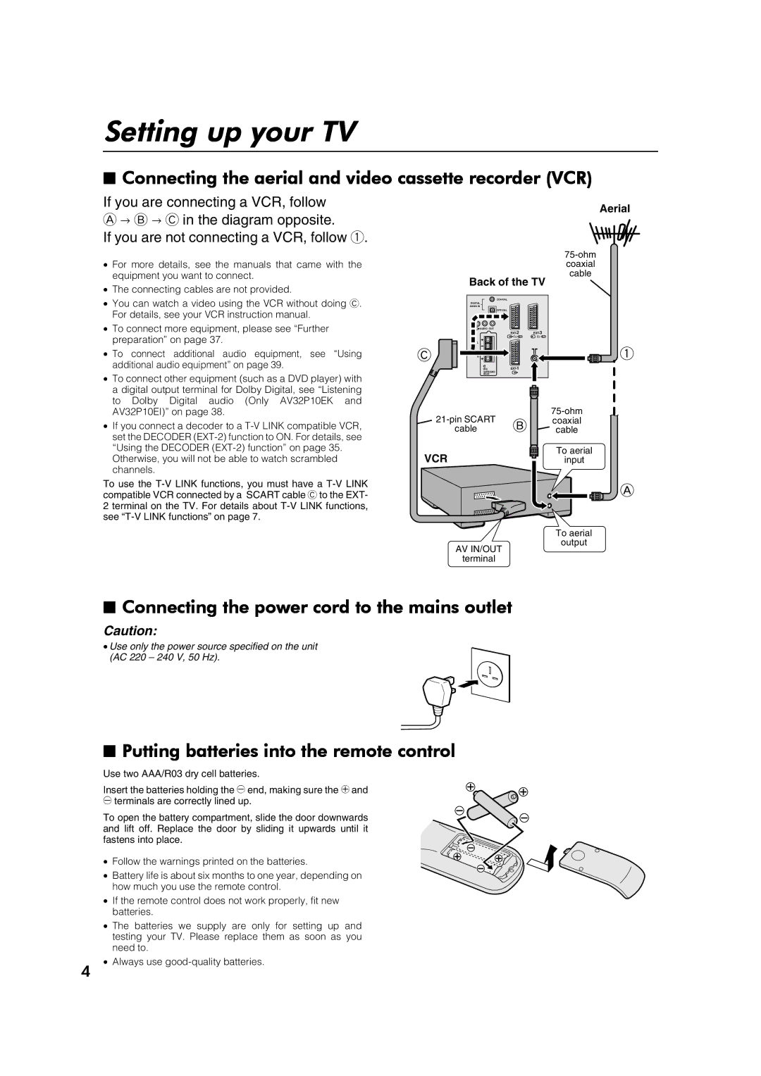 JVC AV32P10EK, AV32L5EK, AV32P10EI, AV32L5EI Setting up your TV, Connecting the aerial and video cassette recorder VCR 