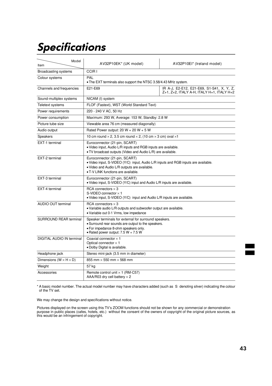 JVC AV32P10EK, AV32L5EK, AV32P10EI, AV32L5EI specifications Specifications 