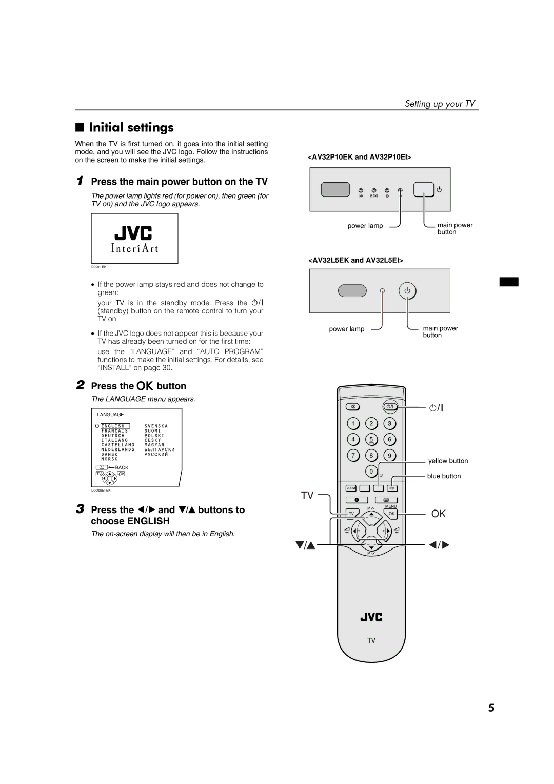 JVC AV32P10EK, AV32L5EK, AV32P10EI, AV32L5EI specifications Initial settings, Press the main power button on the TV 