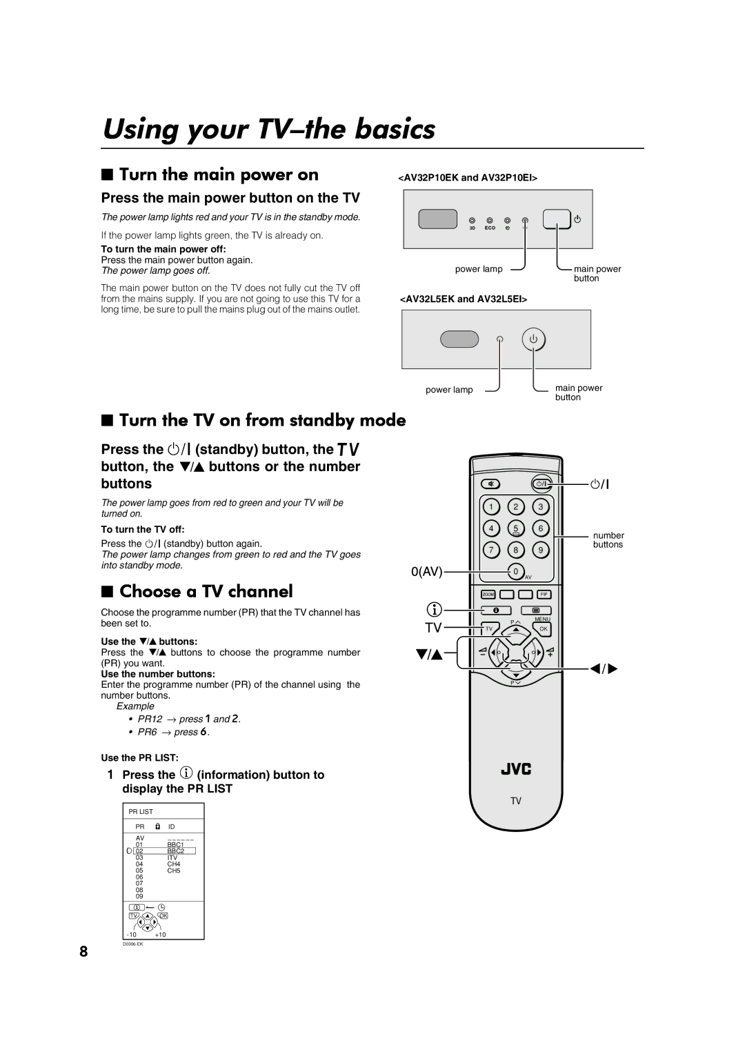 JVC AV32P10EK, AV32L5EK, AV32P10EI, AV32L5EI Using your TV-the basics, Turn the main power on, Choose a TV channel 