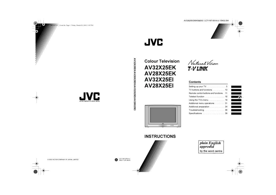 JVC AV32X25EI, AV32X25EK, AV28X25EK, AV28X25EI specifications Colour Television, Contents 