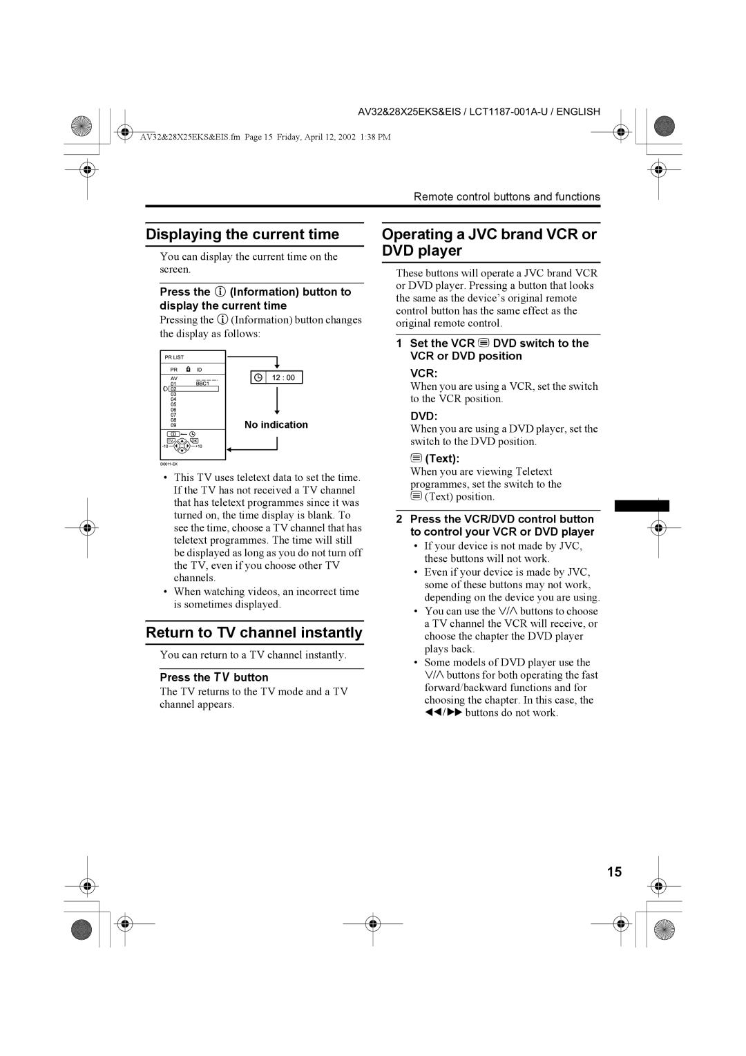 JVC AV28X25EI Displaying the current time, Return to TV channel instantly, Operating a JVC brand VCR or DVD player, Vcr 