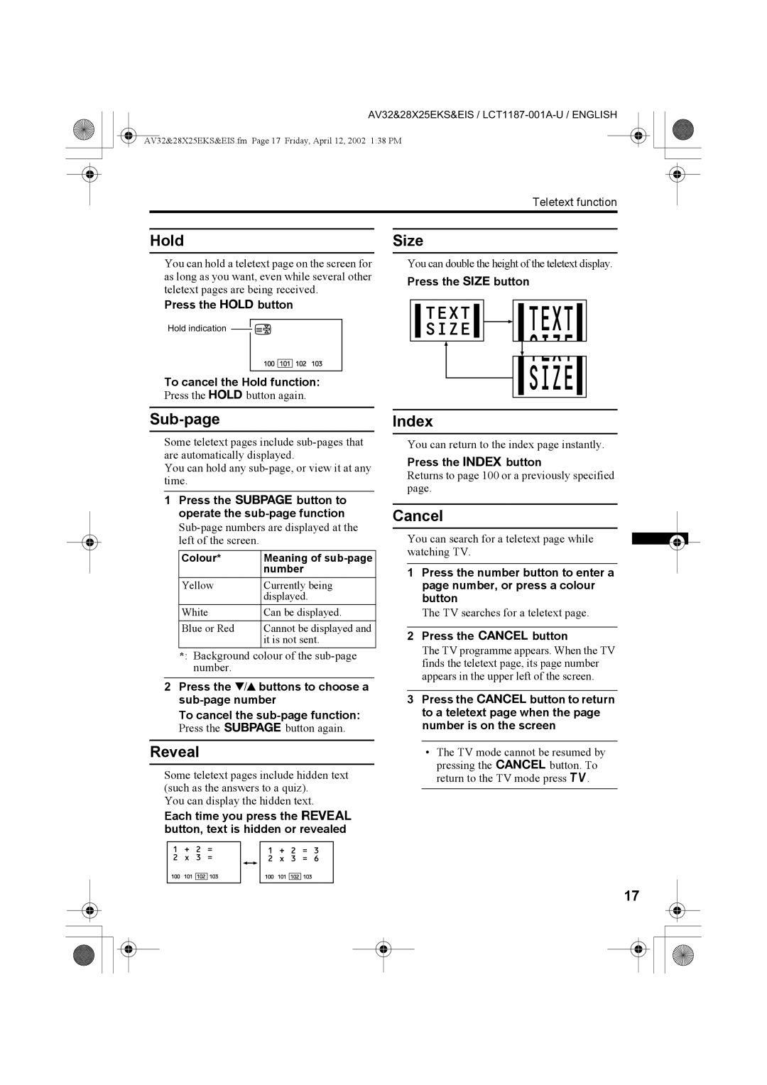 JVC AV32X25EI, AV32X25EK, AV28X25EK, AV28X25EI specifications Hold, Size, Sub-page, Reveal, Index, Cancel 