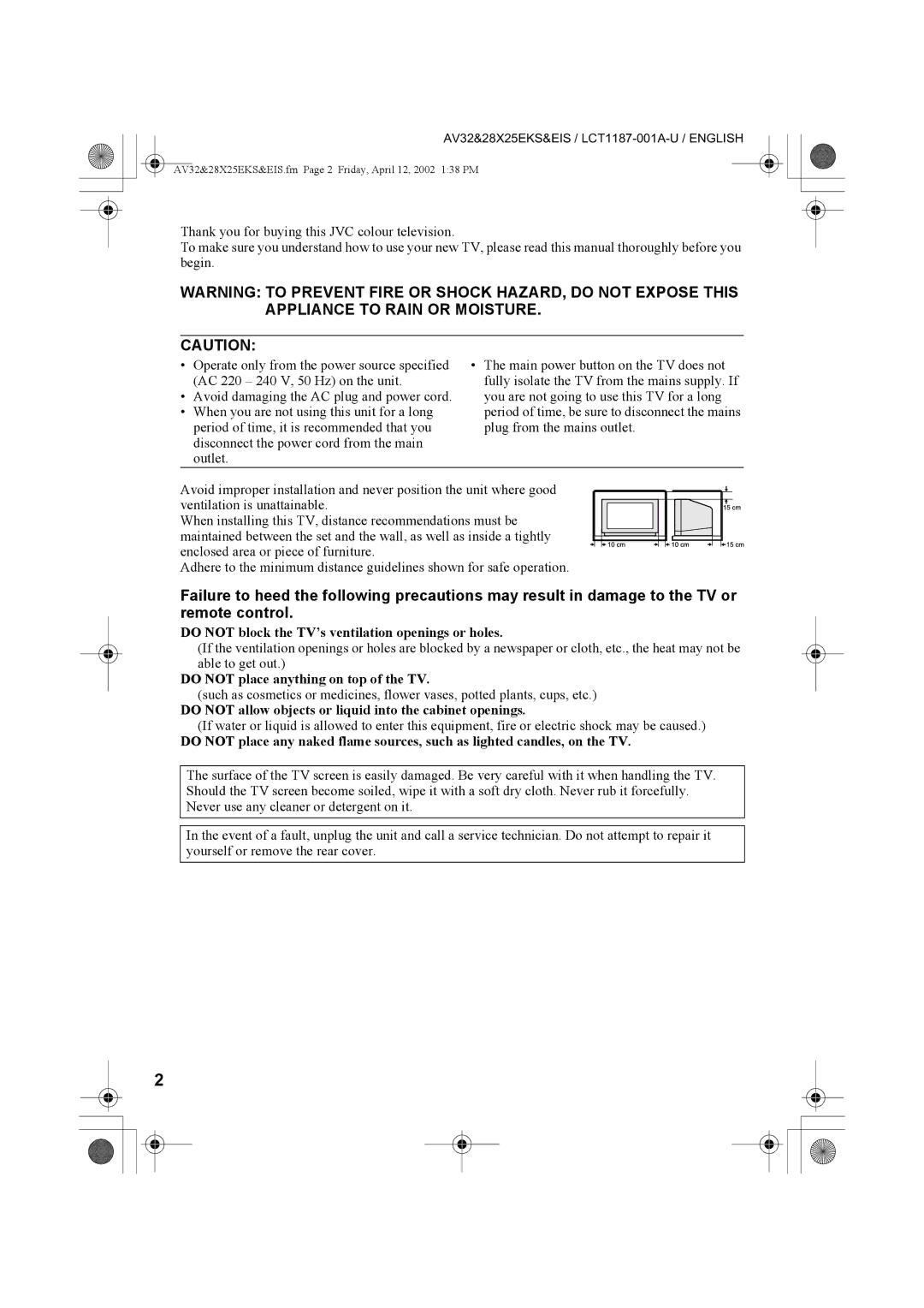 JVC AV28X25EK, AV32X25EK, AV32X25EI, AV28X25EI specifications Do not place anything on top of the TV 