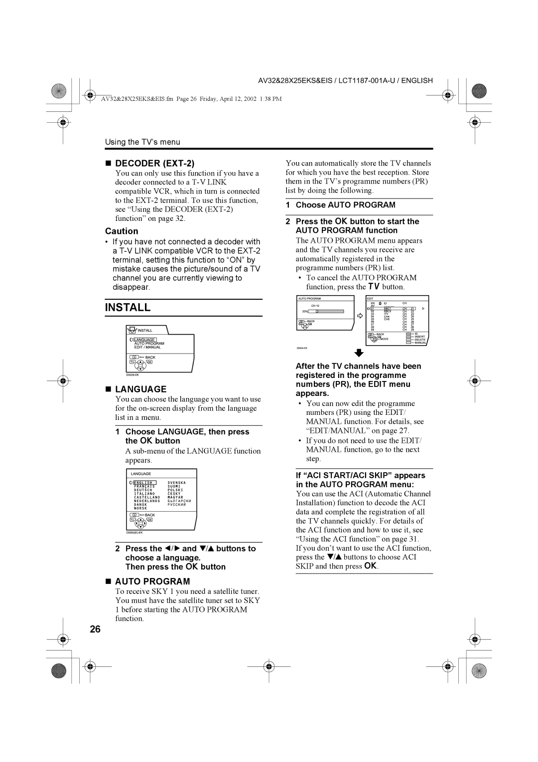 JVC AV28X25EK, AV32X25EK, AV32X25EI „ Decoder EXT-2, „ Language, „ Auto Program, Choose LANGUAGE, then press the abutton 