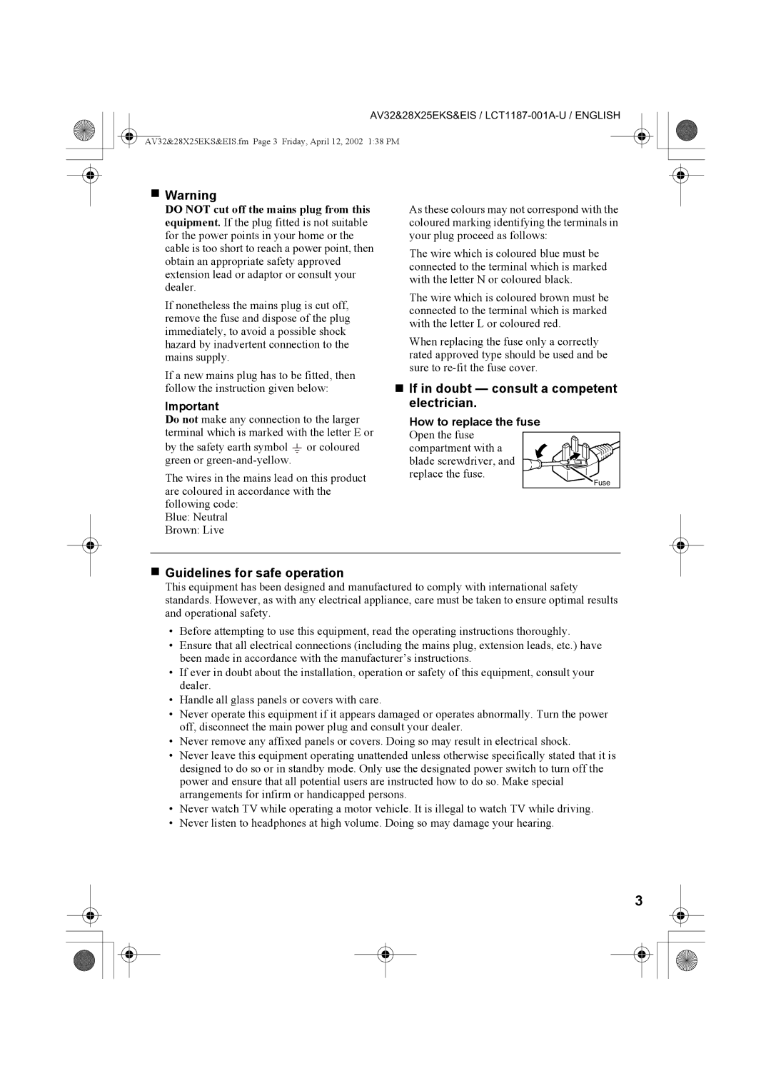 JVC AV28X25EI, AV32X25EK „ Warning, „ If in doubt consult a competent electrician, „ Guidelines for safe operation 