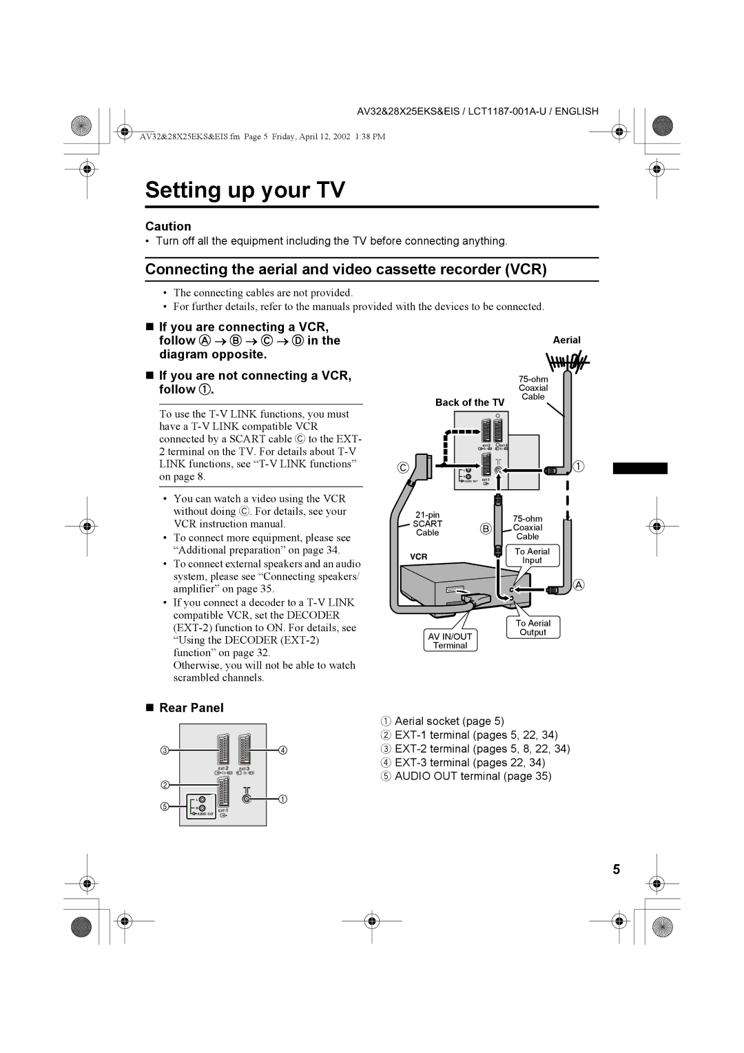 JVC AV32X25EI, AV32X25EK, AV28X25EK Setting up your TV, Connecting the aerial and video cassette recorder VCR, „ Rear Panel 