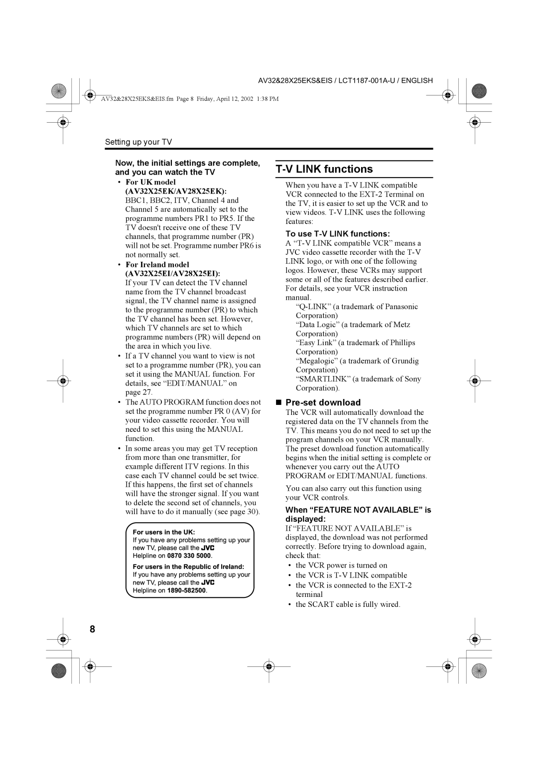 JVC AV32X25EK, AV32X25EI „ Pre-set download, To use T-V Link functions, When Feature not Available is displayed 