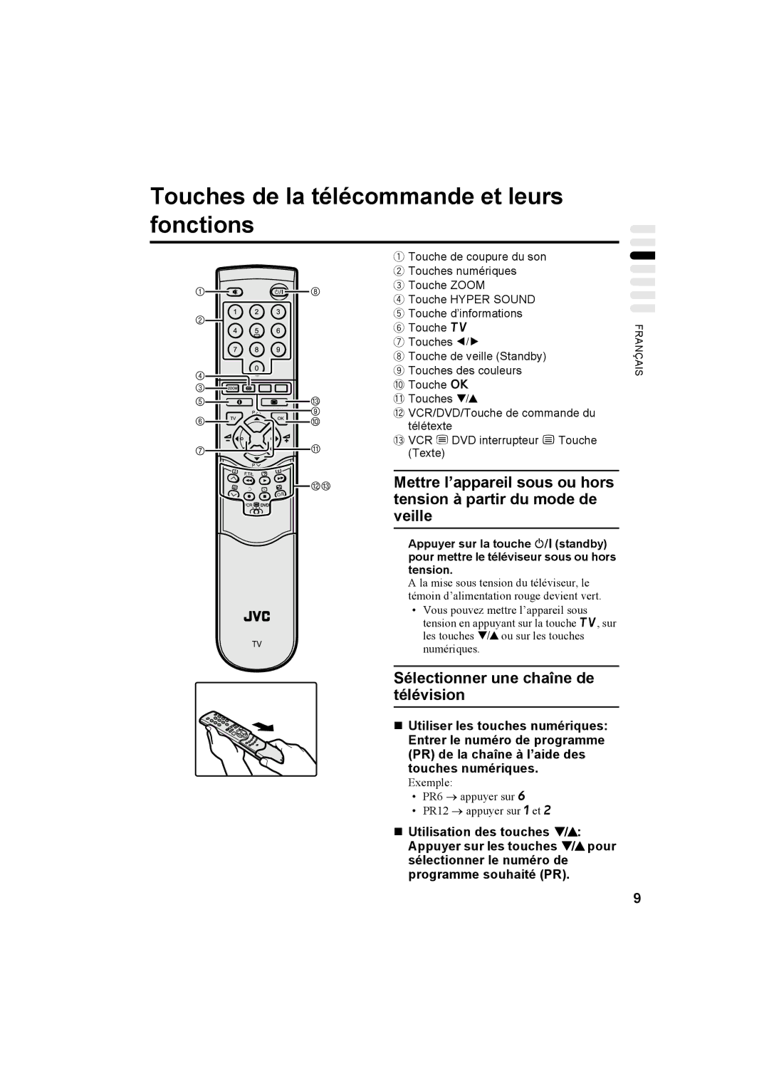 JVC AV32H20EU, AV32X25EU, AV28X25EU, AV28H20EU manual Touches de la télécommande et leurs fonctions 