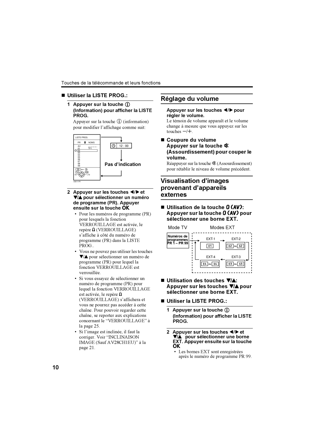 JVC AV32X25EU manual Visualisation d’images provenant d’appareils, Externes, „ Utiliser la Liste Prog, Pas d’indication 