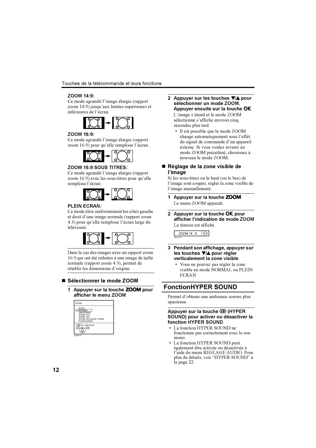 JVC AV28H20EU manual FonctionHYPER Sound, „ Réglage de la zone visible de l’image, „ Sélectionner le mode Zoom, Plein Ecran 