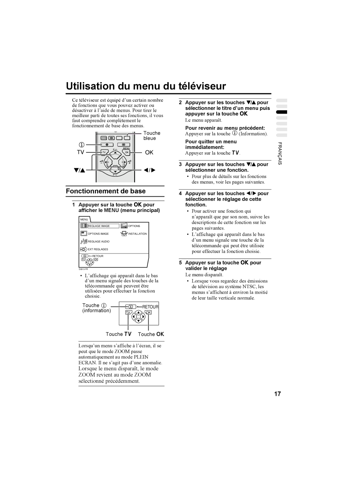 JVC AV32H20EU, AV32X25EU, AV28X25EU, AV28H20EU manual Utilisation du menu du téléviseur 