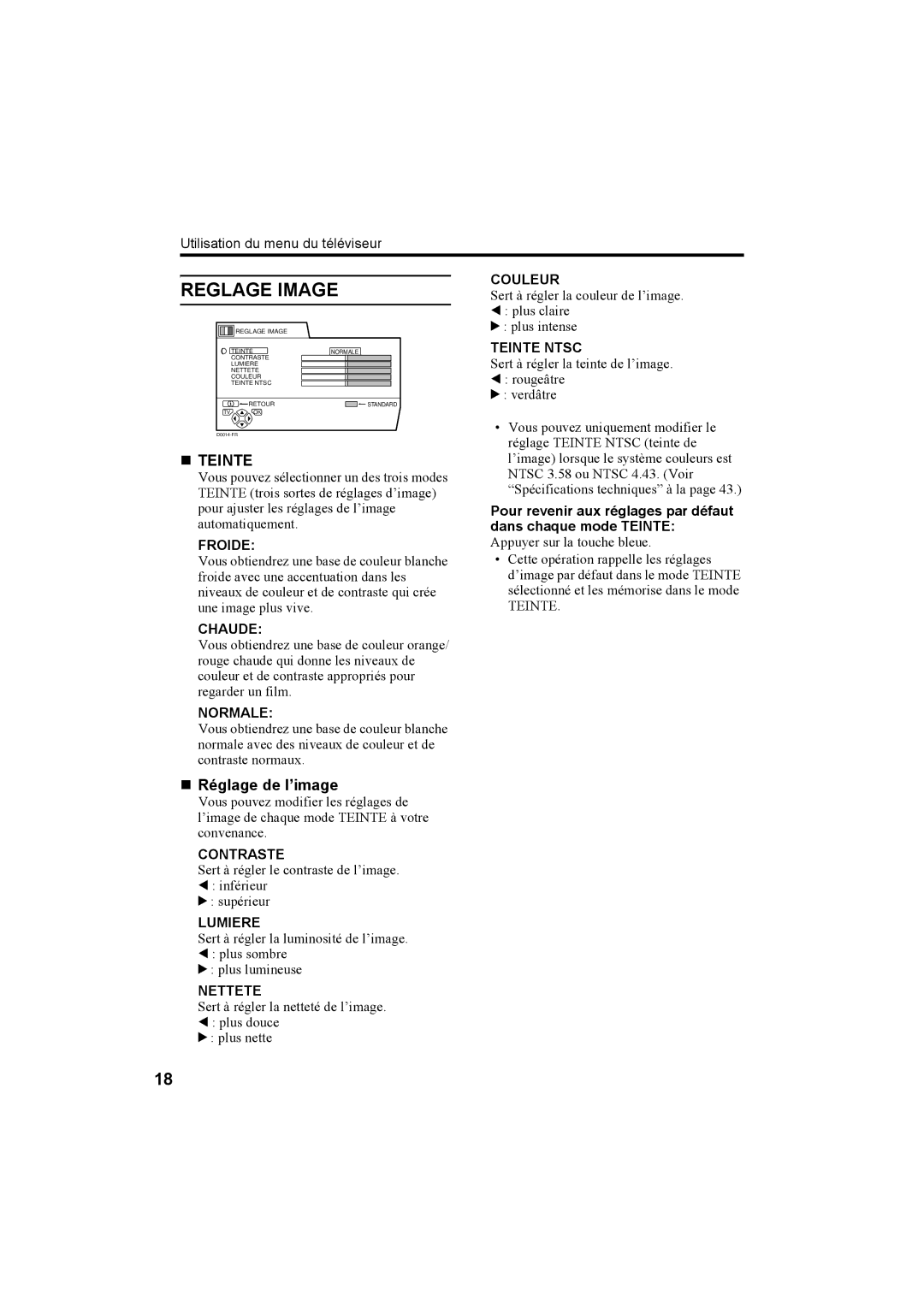 JVC AV32X25EU, AV28X25EU, AV28H20EU, AV32H20EU manual Reglage Image, „ Teinte, „ Réglage de l’image 