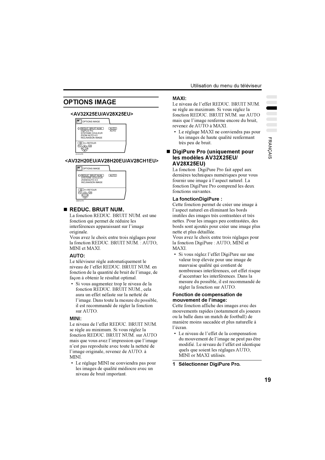 JVC AV28X25EU, AV32X25EU manual Options Image, „ REDUC. Bruit NUM, AV32H20EU/AV28H20EU/AV28CH1EU Maxi, Mini 