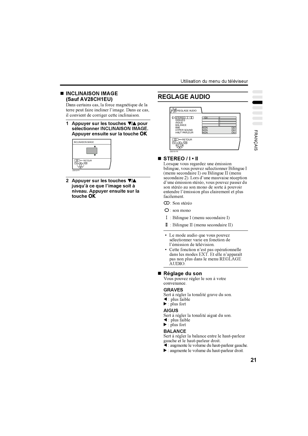 JVC AV32H20EU, AV32X25EU, AV28X25EU manual Reglage Audio, „ Inclinaison Image Sauf AV28CH1EU, „ Réglage du son, Graves, Aigus 