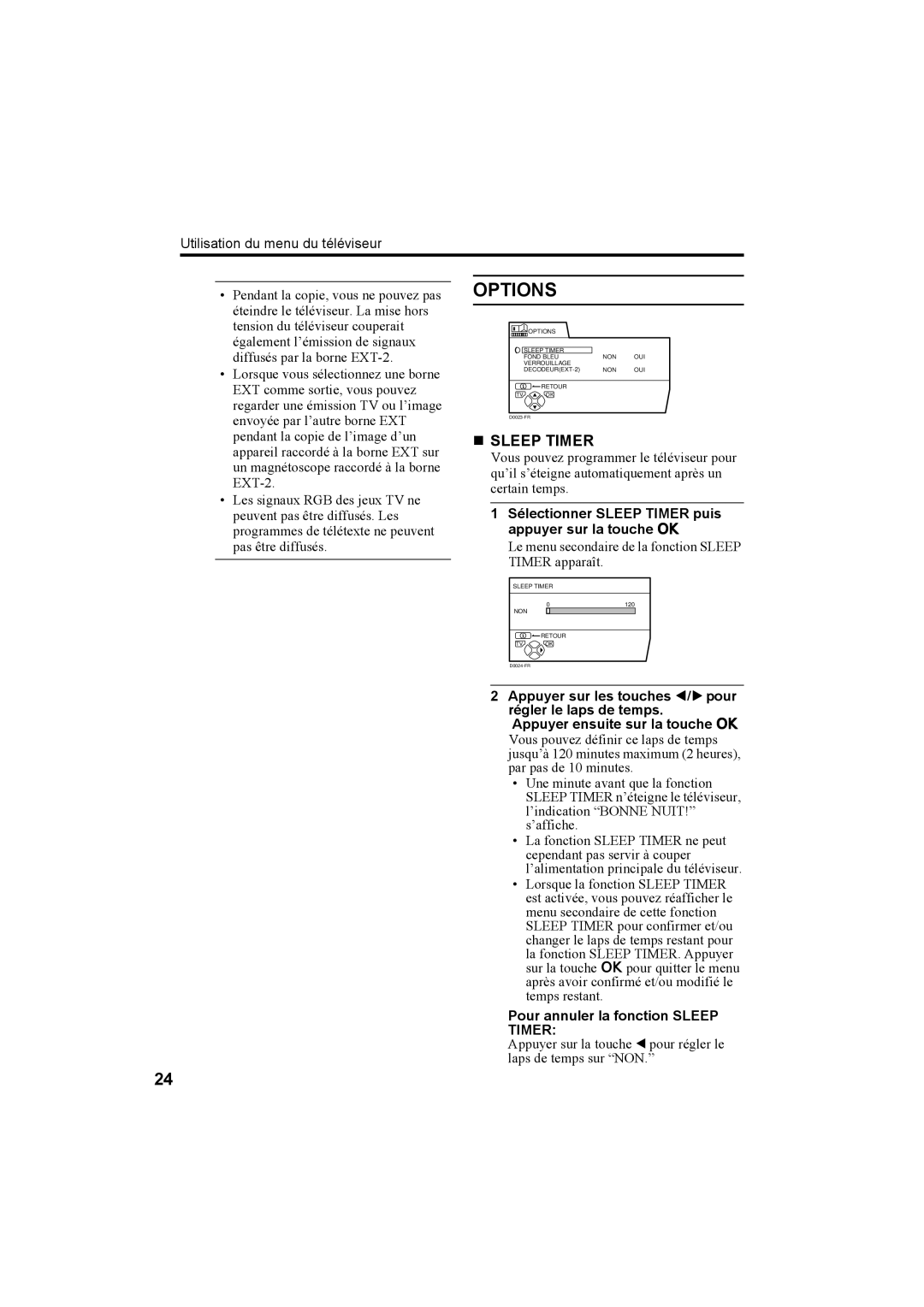 JVC AV28H20EU manual Options, Sélectionner Sleep Timer puis appuyer sur la touche a, Pour annuler la fonction Sleep Timer 