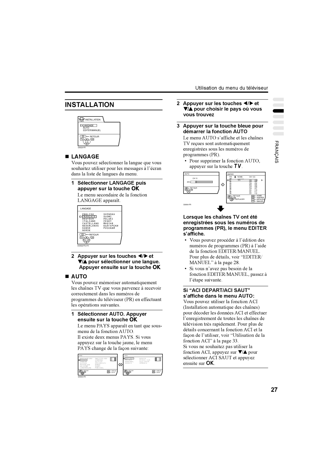 JVC AV28X25EU, AV32X25EU, AV28H20EU, AV32H20EU manual Installation, „ Langage 