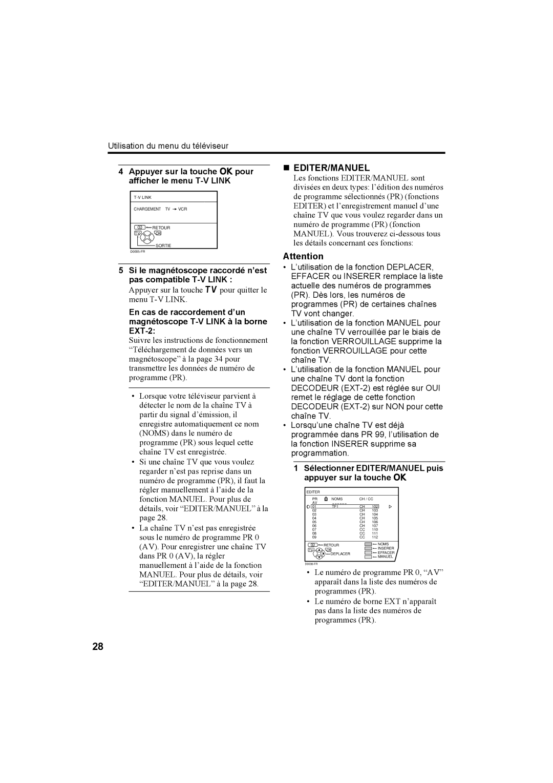 JVC AV28H20EU, AV32X25EU, AV28X25EU, AV32H20EU manual „ Editer/Manuel, Appuyer sur la touche apour afficher le menu T-V Link 