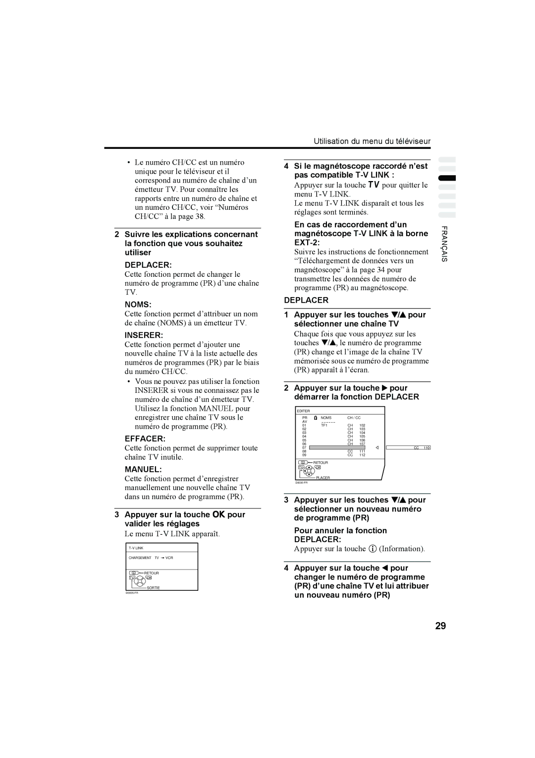 JVC AV32H20EU, AV32X25EU, AV28X25EU, AV28H20EU manual Deplacer, Noms, Inserer, Effacer, Manuel 