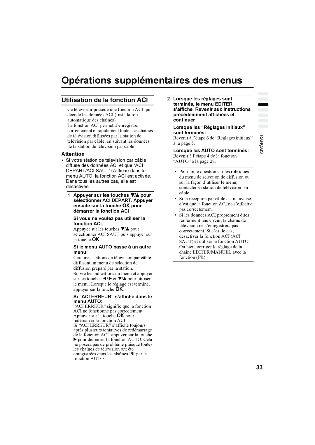 JVC AV32H20EU Opérations supplémentaires des menus, Utilisation de la fonction ACI, Si le menu Auto passe à un autre menu 