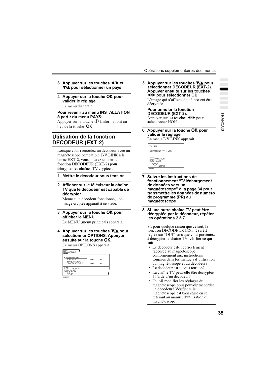 JVC AV28X25EU manual Utilisation de la fonction Decodeur EXT-2, Pour revenir au menu Installation à partir du menu Pays 