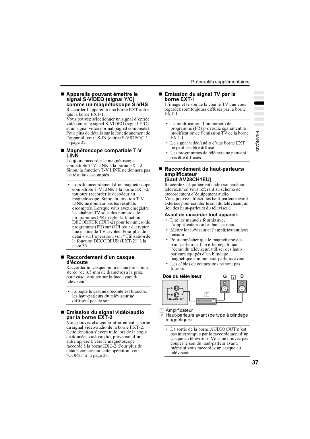 JVC AV32H20EU manual „ Magnétoscope compatible T-V Link, „ Raccordement d’un casque d’écoute, Préparatifs supplémentaires 