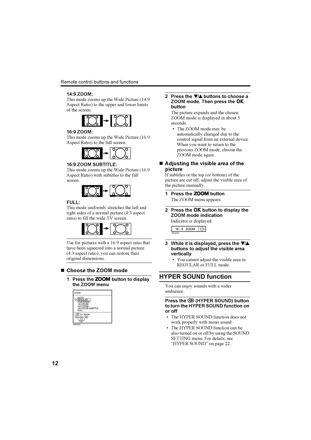 JVC AV28H20EU Hyper Sound function, „ Adjusting the visible area of the picture, „ Choose the Zoom mode, Zoom Subtitle 