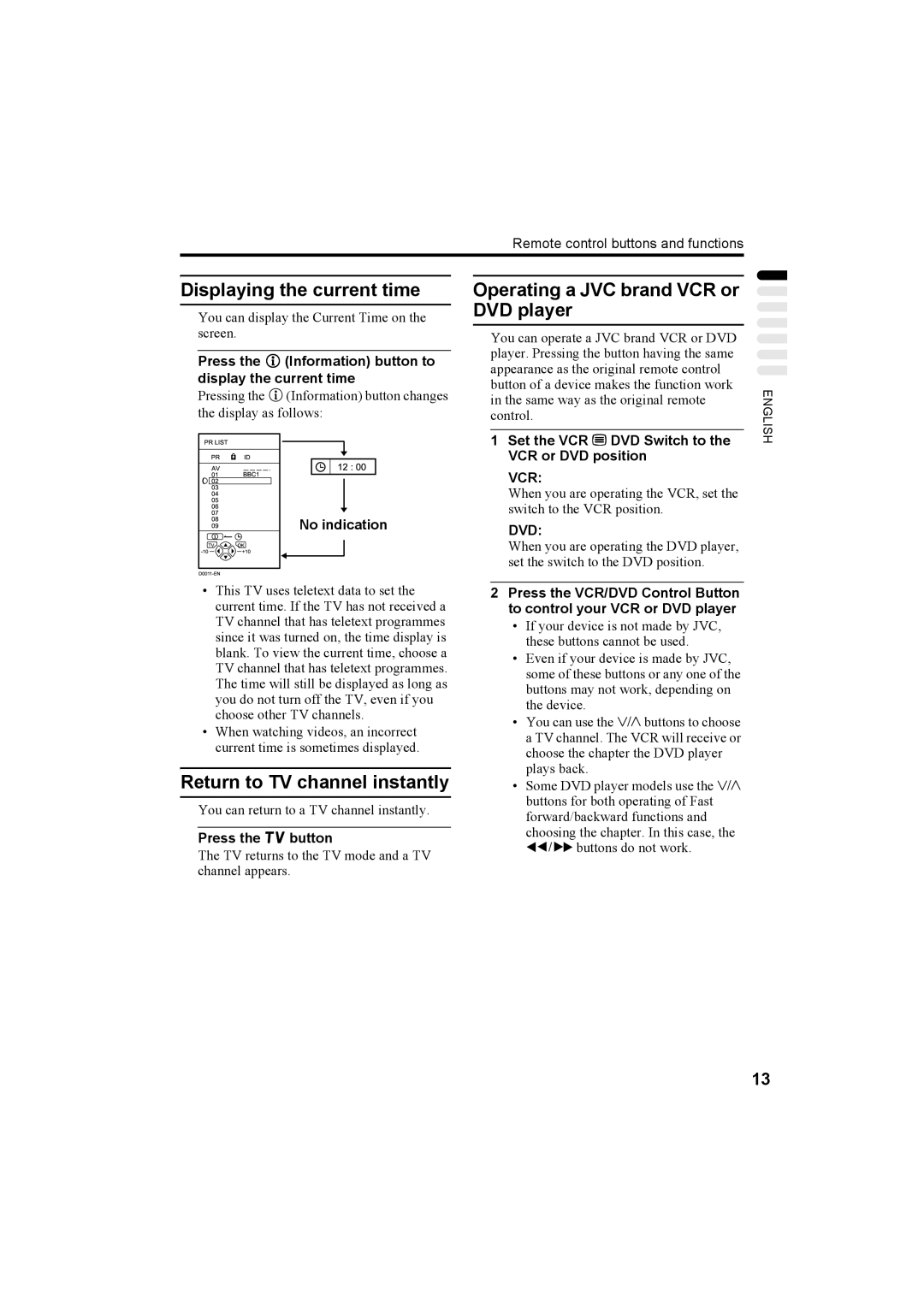JVC AV32H20EU Displaying the current time, Return to TV channel instantly, Operating a JVC brand VCR or DVD player, Dvd 
