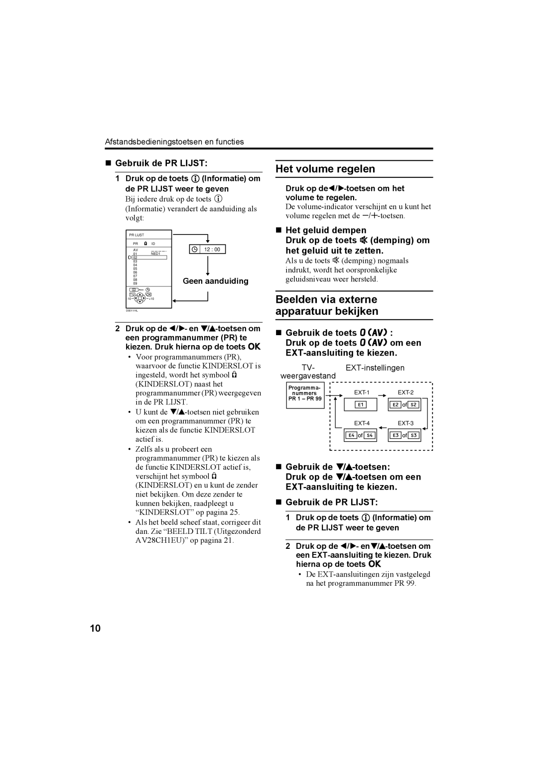 JVC AV28H20EU, AV32X25EU, AV28X25EU, AV32H20EU manual Beelden via externe apparatuur bekijken, „ Gebruik de PR Lijst 