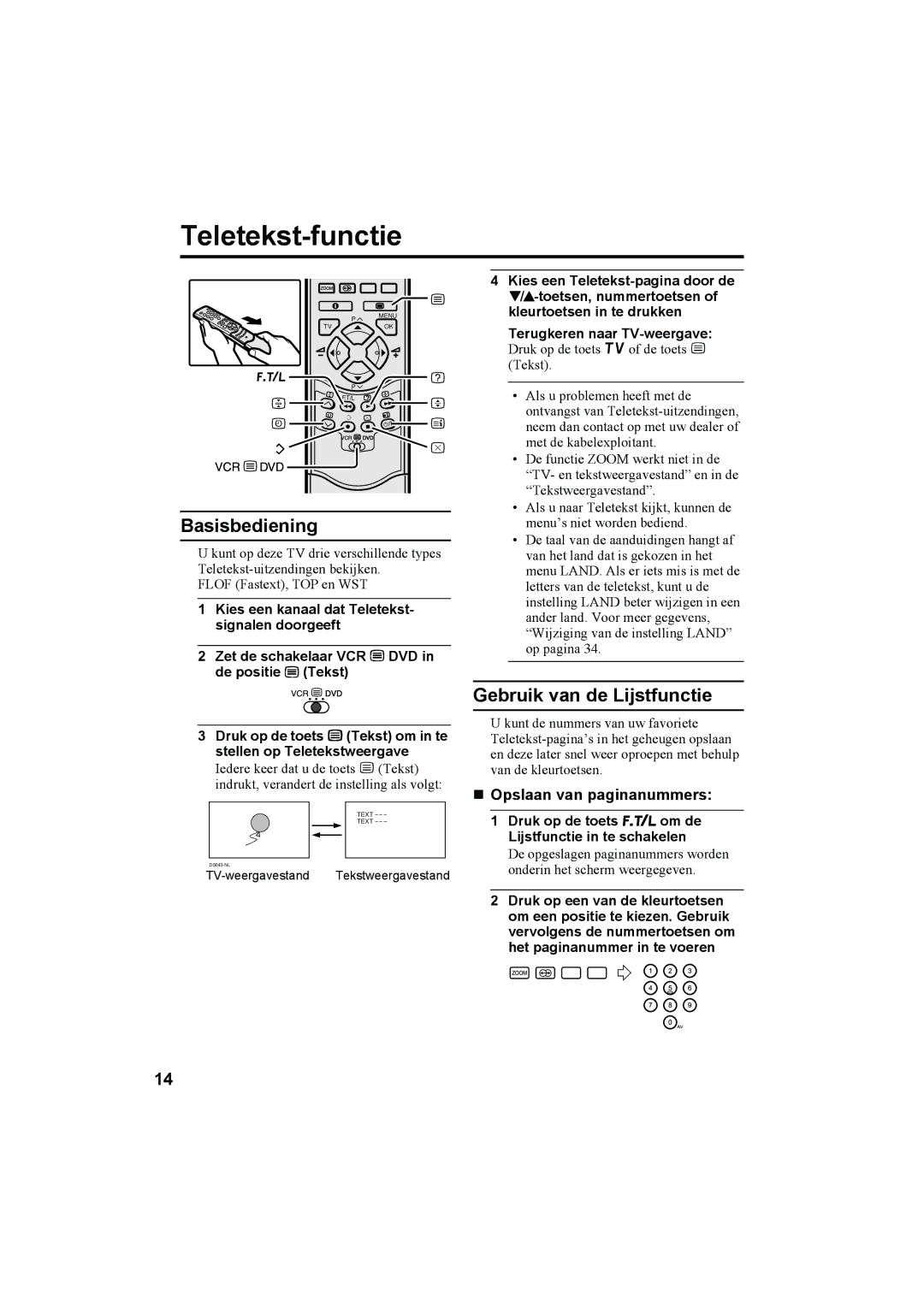 JVC AV28H20EU, AV32X25EU manual Teletekst-functie, Basisbediening, Gebruik van de Lijstfunctie, „ Opslaan van paginanummers 